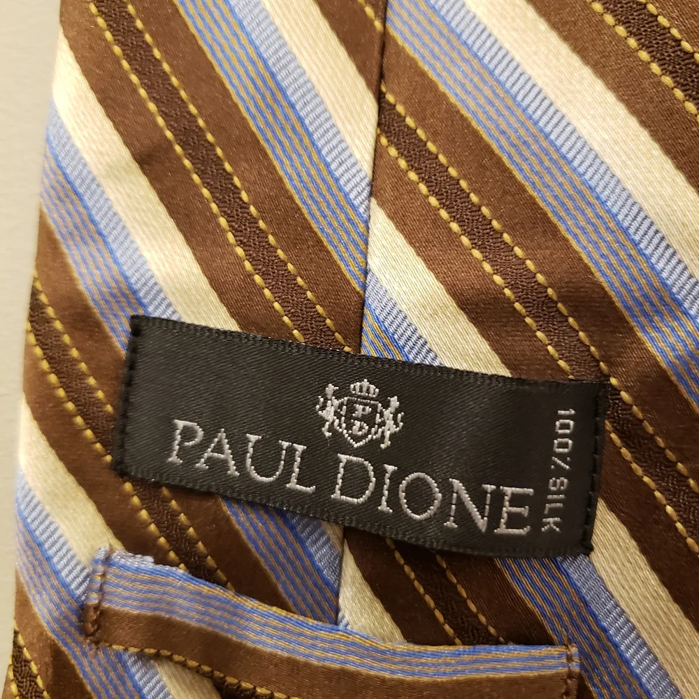 Paul Dione Silk Tie Gold Beige Navy Blue Stripes 4